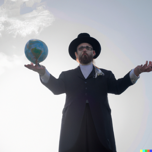 DALL·E 2023-05-03 19.49.01 - An orthodox Jew in a hat and suit stands with his hands up and holding the earth in his hands