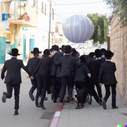 DALL·E 2023-05-14 22.52.49 - A group of Orthodox Jews run down the street after a giant balloon